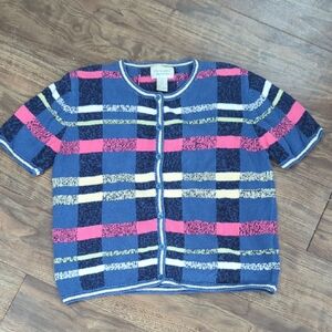 Vintage Colorful Plaid Short Sleeve Button Up Knit Cardigan